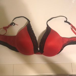 Red and black lace bra